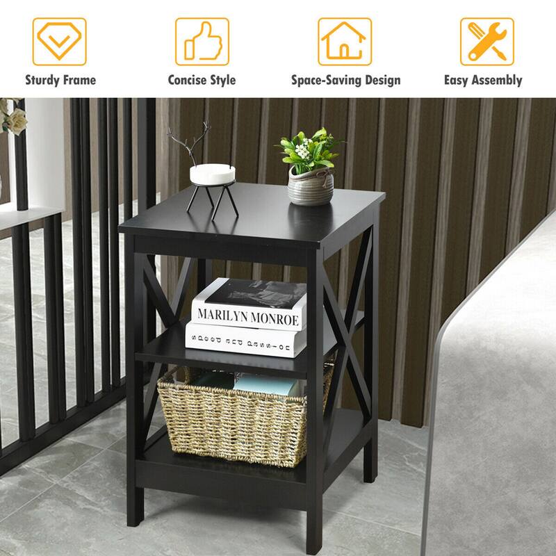 Gymax 3-Tier Nightstand End Table X Design Storage Display Shelf