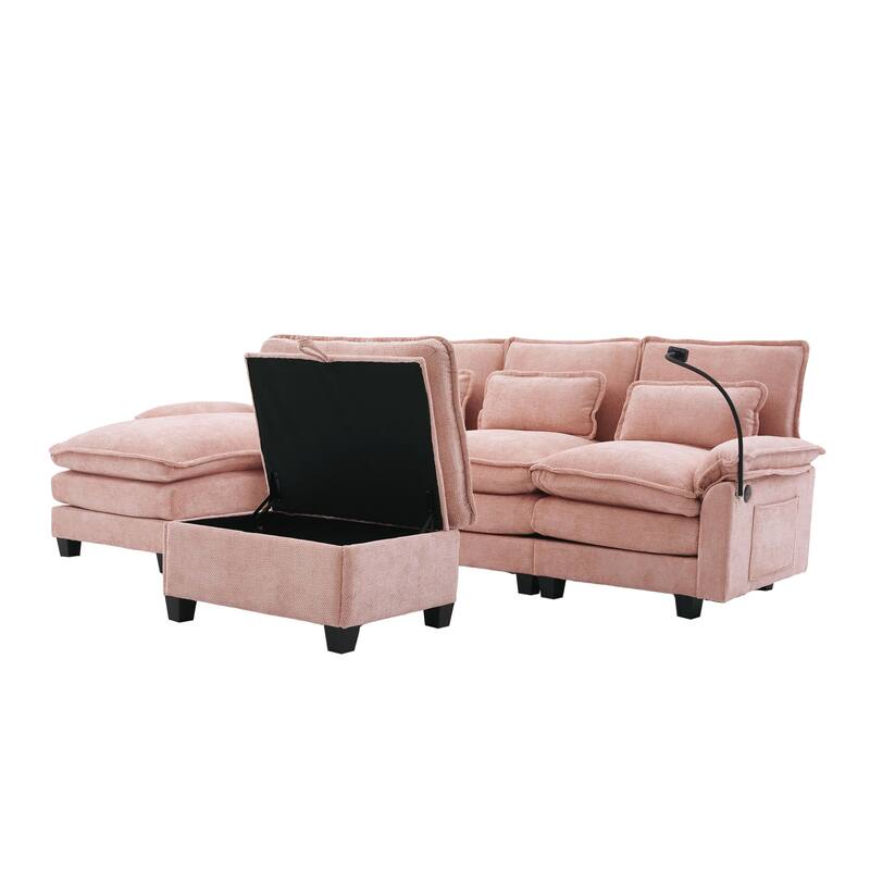 Chenille U-shape Sectional Sofa with Chaise and Storage Ottoman, Modular Couch with USB/Type-C Ports, Side Pockets, Phone Holder