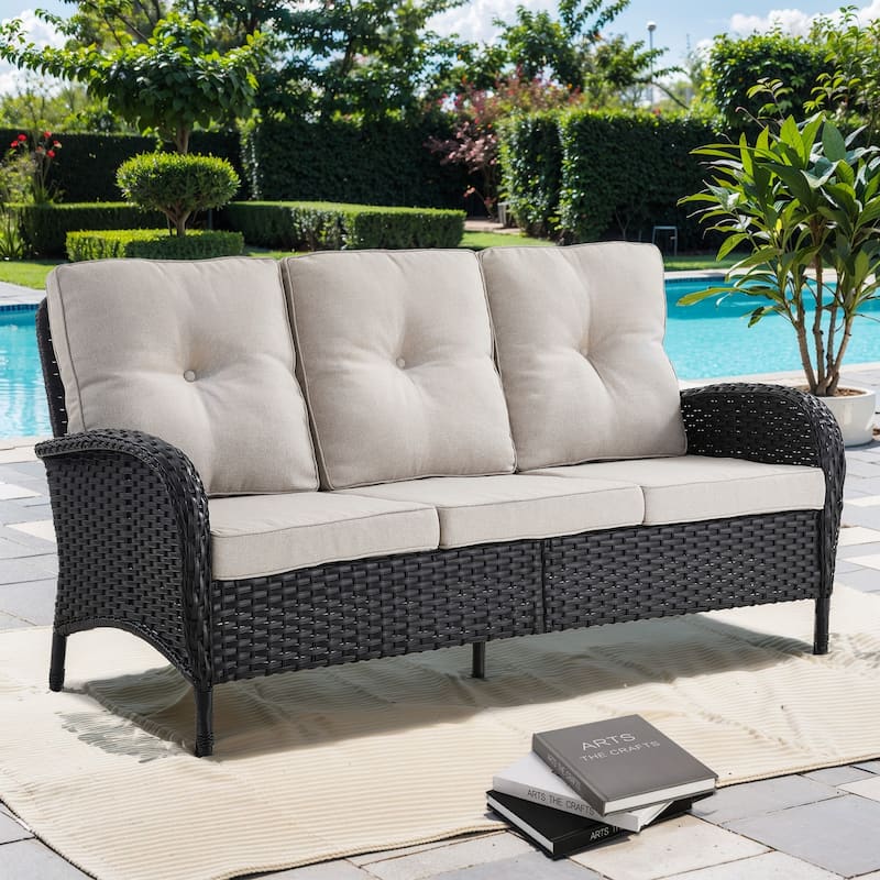 3-Seat Patio Wicker Sofa Soft Cushion Black - Beige - Beige - Black