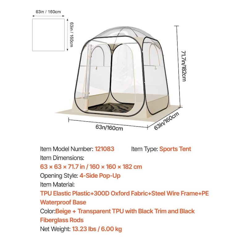 Beige-Transparent-Black Pop-Up Sports Tent TPU Fabric Steel Frame - 62.99 × 62.99 × 71.65 in