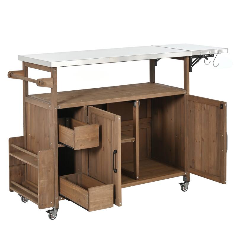 Christopher Knight Home - 54.33" Solid Wood Mobile Outdoor Kitchen Cart with Stainless Steel Top & Spice Rack & Lockable Wheels