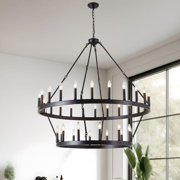 slide 2 of 8, 2 Tier Extra Large Wagon Wheel Chandelier Farmhouse Pendant Light Fixture - 78.7IN 78.7IN - Black