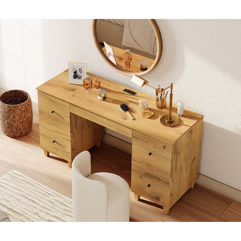 58" Wooden Vanity Desk with 4 Deep Storage Drawers and Charging Station for Bedroom