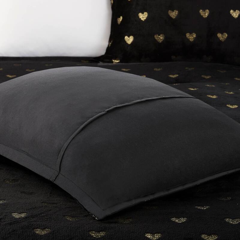 4 PCS Full/Queen Metallic Printed Plush Comforter Set with Throw Pillow Black/Gold