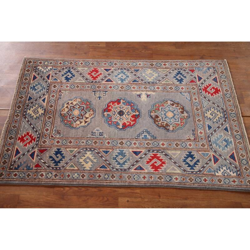 Geometric Kazak Oriental Accent Rug Hand-Knotted Grey Wool Carpet - 2'7"x 4'1"