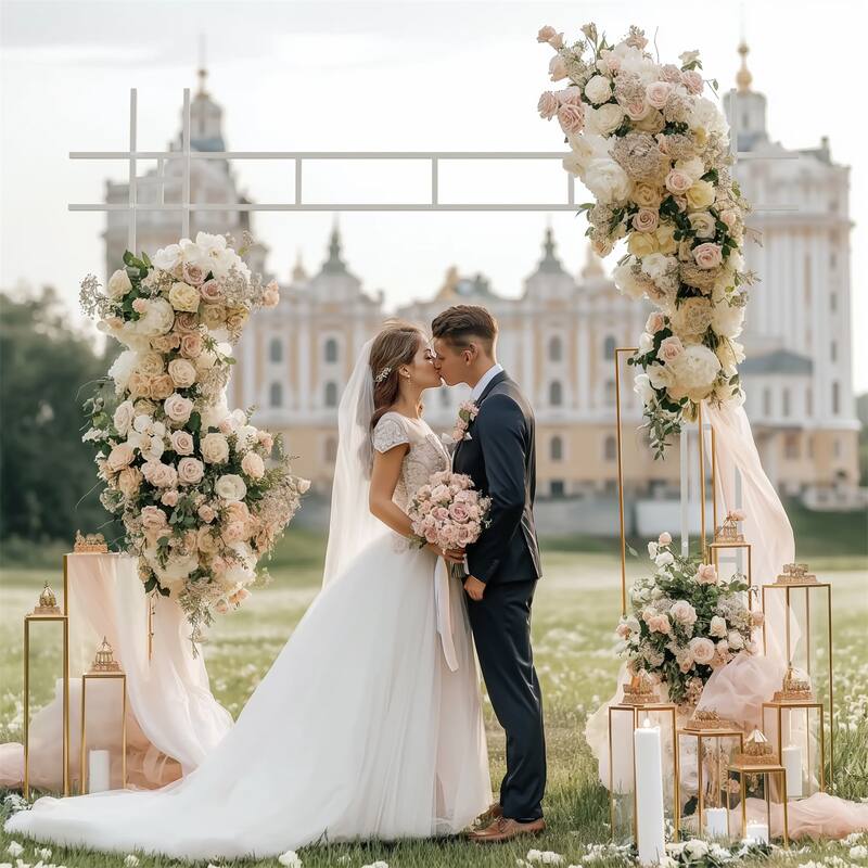 7.7Ftt x 7.7Ft Metal Square Wedding Arch Backdrop Stand with Base White for Indoor Outdoor
