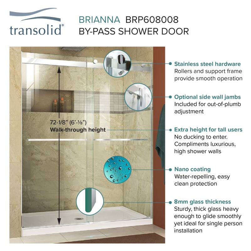 Transolid BRP608008F-J 80" High x 60" Wide Bypass Frameless Shower