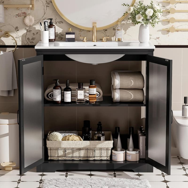 30" Modern Bathroom Vanity with Ceramic Sink, Bathroom Vanity Cabinet with Tempered Blurred Glass