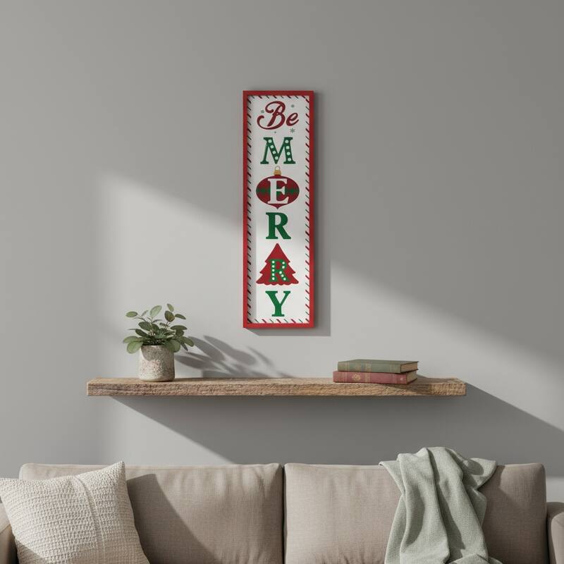 HomeRoots 30" X 9" Green Red And White Christmas Be Merry Iron Hanging Wall Decor - Green/White/Red - 9.25 in. x 30.00 in.  x 1.25 in.