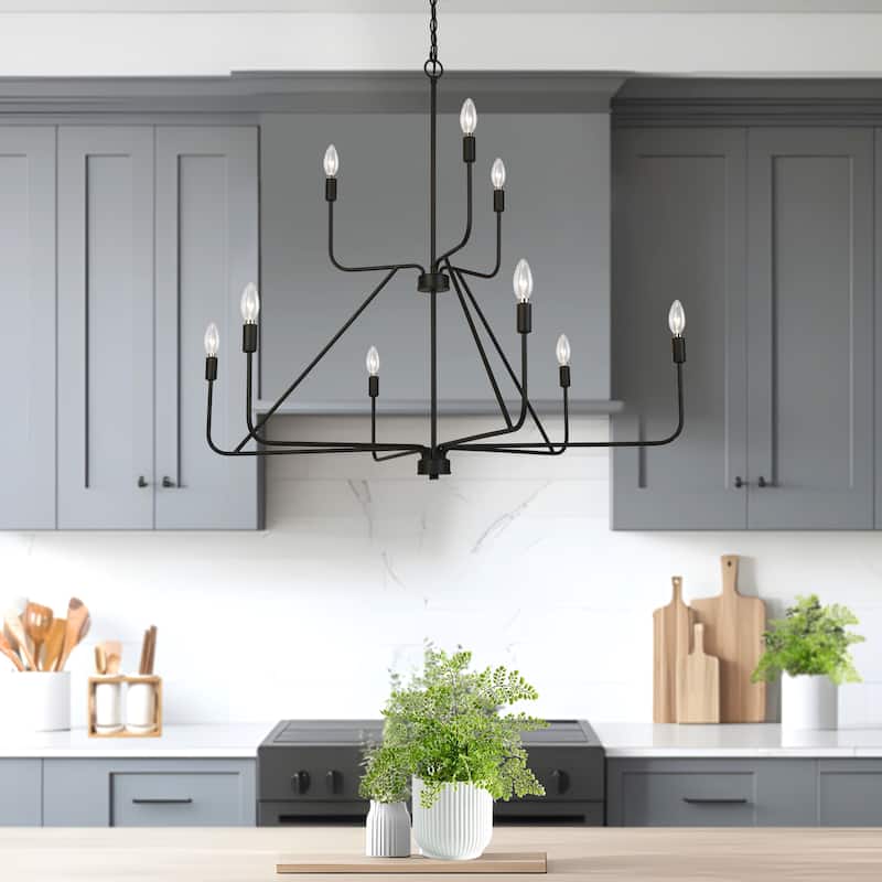 Oriea Modern Farmhouse Black 9-Light Chandelier 41.3 IN. 2-Tier Wheel Candle Ceiling Light - D41.3" x H37.4"