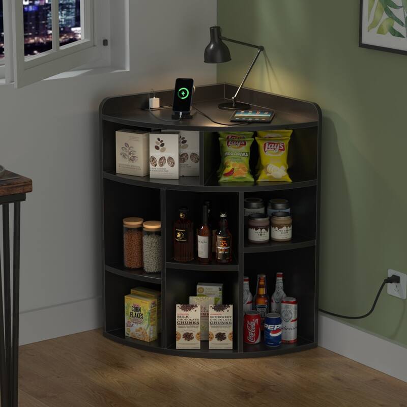 VECELO Corner Cabinet with Charging Station or No Charging Station 3-Tier Bookcase Storage Organizer Triangle Corner Bookcases