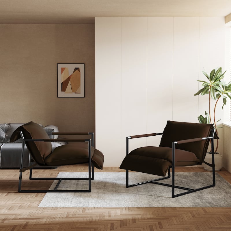 Mid-century Metal Sling Armchair with Lengthen Upholstered Set of 2 - Brown