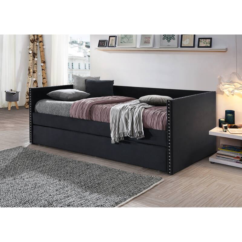 Beautiful 1pc Modern Daybed Tufted Nailhead Trim Armrest Pull Out Trundle Bedroom Living Room Furniture Black Finish