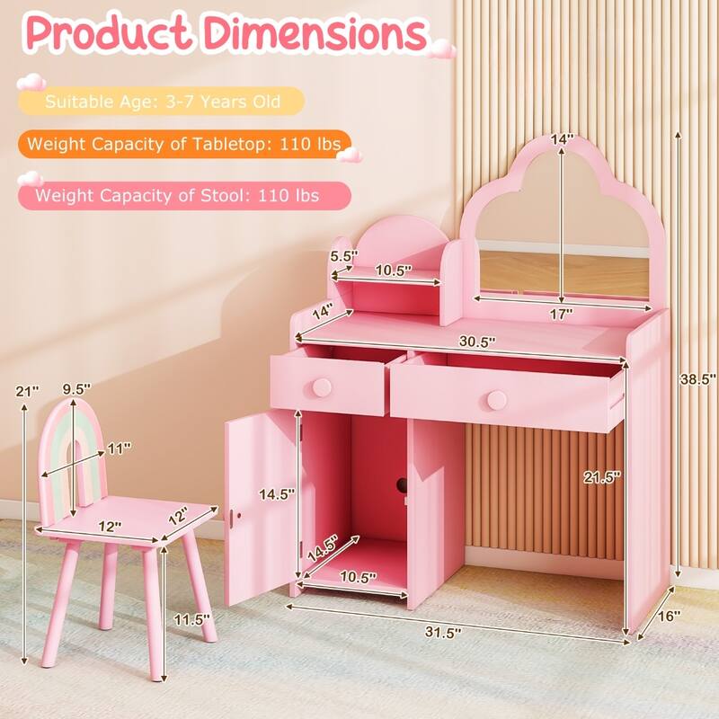 Children's Vanity Table and Stool Set with Mirror and Drawers Cabinet for Bedroom or Playroom - 31.5" x 16" x 38.5" (L x W x H)