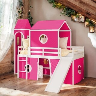 Playhouse Twin Size Loft Bed with Slide Pink Tent and Tower