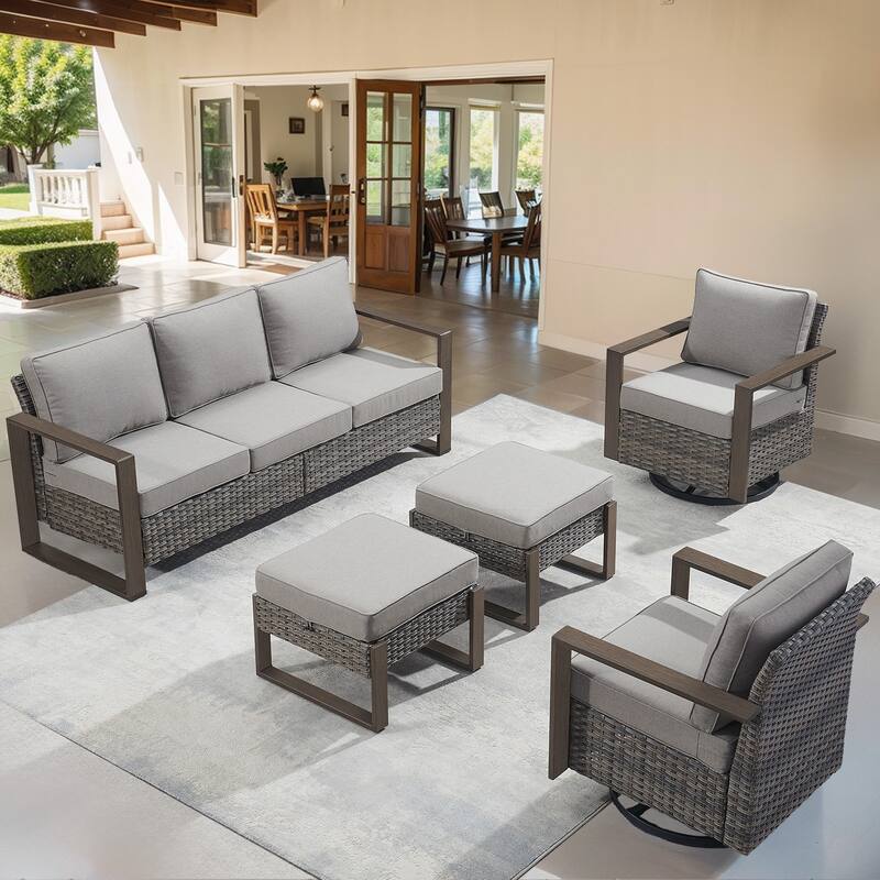 Outdoor Swivel Chair with Thick Cushion - Grey Wicker Grey Cushion - 5PCS Sofa Swivel Chair Ottoman