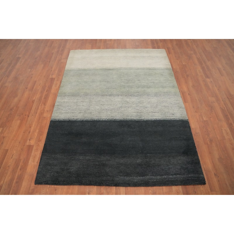 Hand Knotted Oriental 100% Wool Carpet Modern Stripe Greys & Charcoal Gabbeh Area Rug - 6' 8'' X 5' 0''