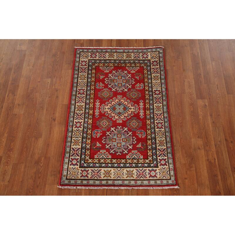 Kazak Oriental Accent Rug Hand-Knotted Red Geometric Wool Carpet - 2'8"x 4'1"