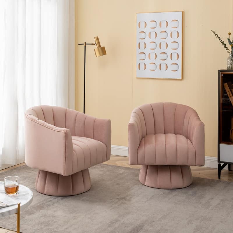 SEYNAR Modern Glam Velvet Upholstered Round 360 Degree Swivel Accent Barrel Chair Set of 2 - Pink