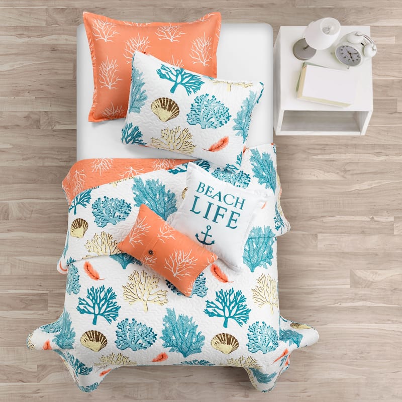 Lush Decor Coastal Reef Feather Reversible Oversized 5 Piece Quilt Set