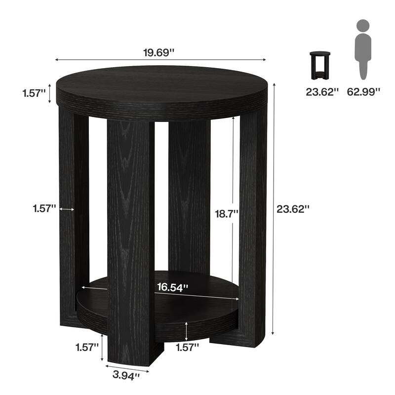 Round End,Side Table with Lower Shelf, Bedside Accent Furniture