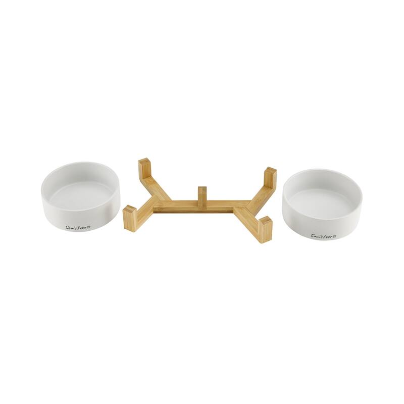 Coco Dual Pet Bowl with Wood Stand 5.11'' in White - 10.8