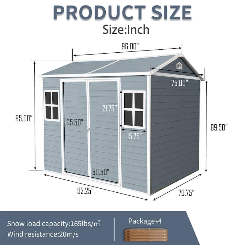 8x6ft Waterproof Resin Outdoor Storage Shed with Floor