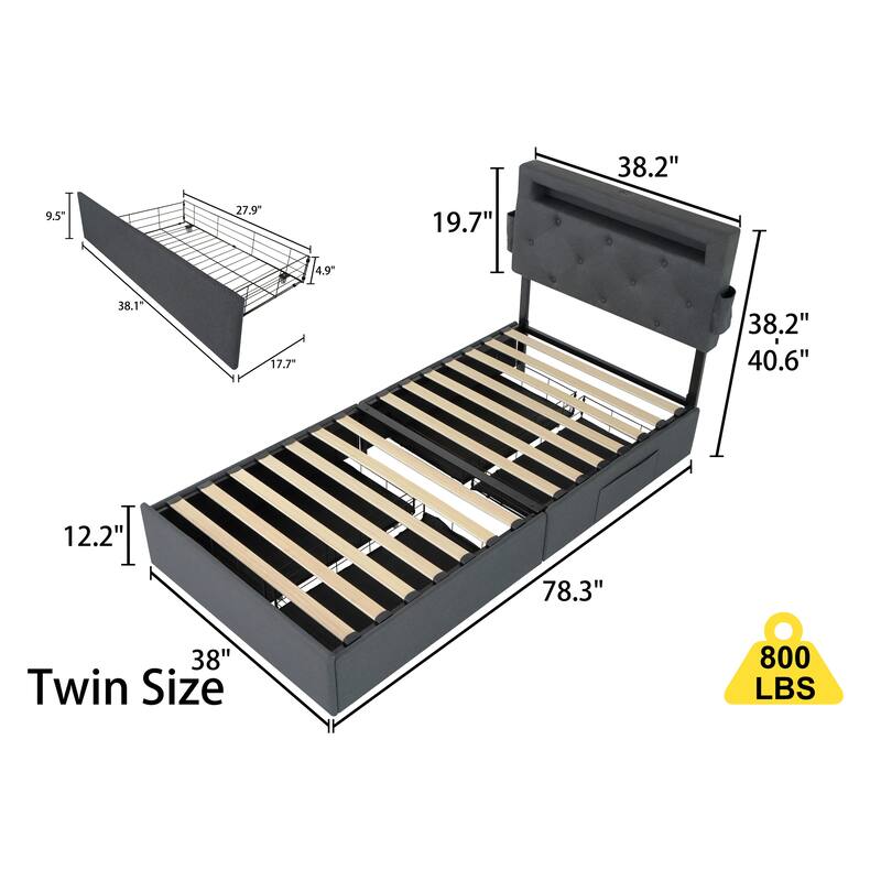 Dark Grey Twin Size Platform Bed with 4 Storage Drawers,USB Charging Station and LED Lights
