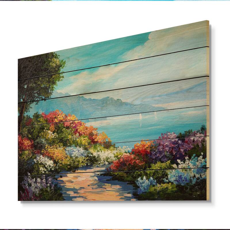 Designart 'Colorful Flowers In Coastal Scenery' French Country Wood