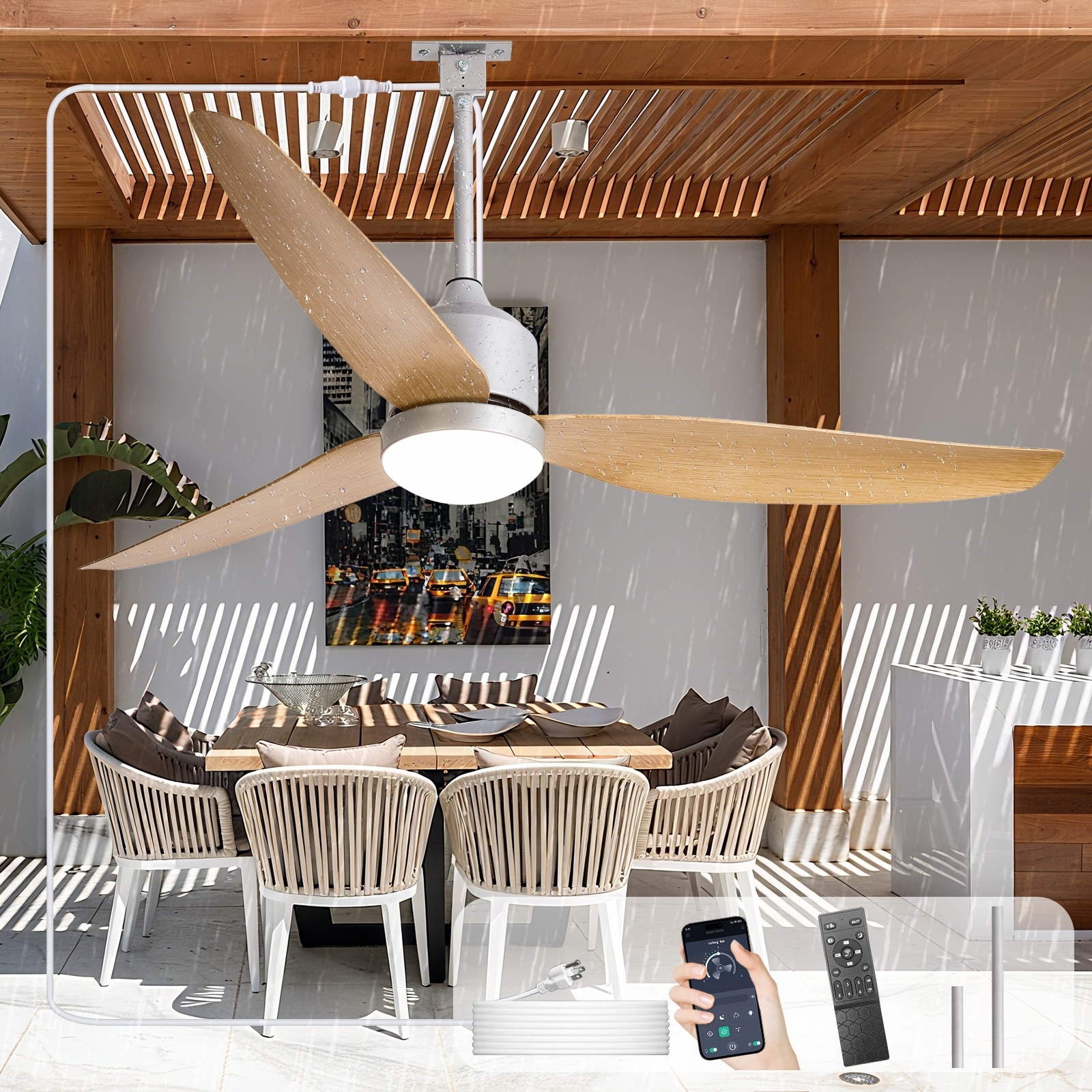 Outdoor Ceiling Fan with Light: 42-52 Inch Hanging - Plug in Waterproof Fans for Patio - Dimmable Remote App Control Black