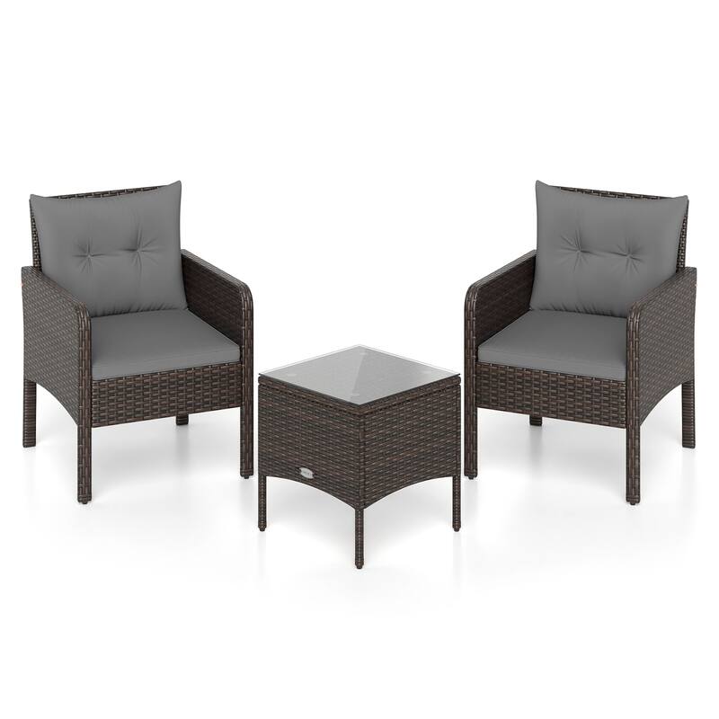 Gymax 3 PCS Patio PE Wicker Furniture Set w/Cushions & Tempered Glass