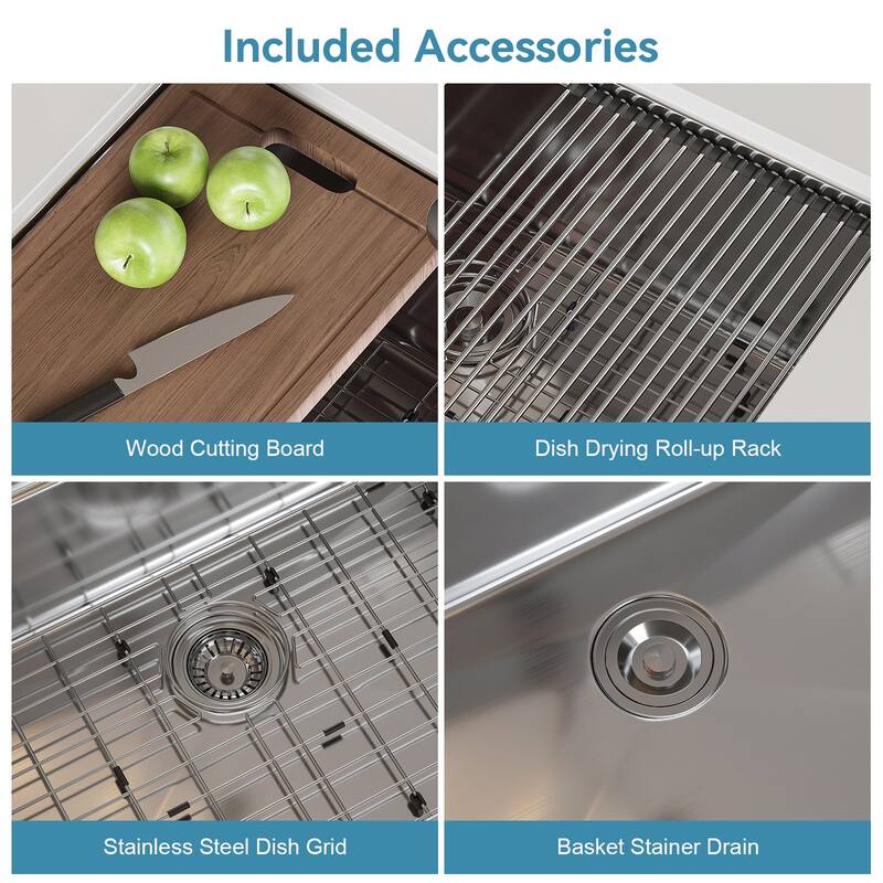 HOROW 16G Stainless Steel 30 in. Single Bowl Undermount Workstation Kitchen Sink with Cutting Board, Bottom Grid, Strainer