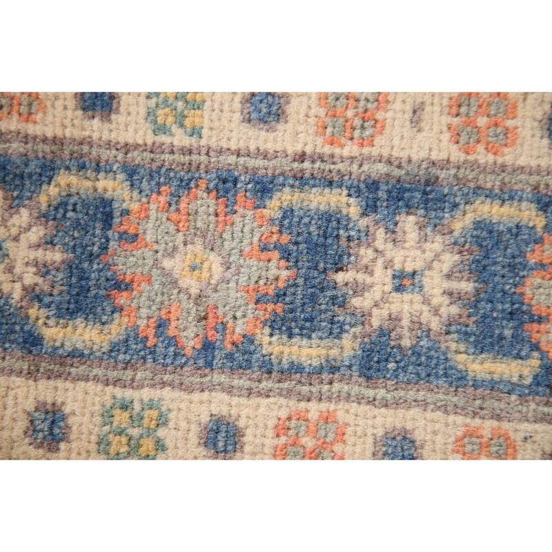 Geometric Kazak Oriental Accent Rug Hand-Knotted Beige Wool Carpet - 2'8"x 3'10"