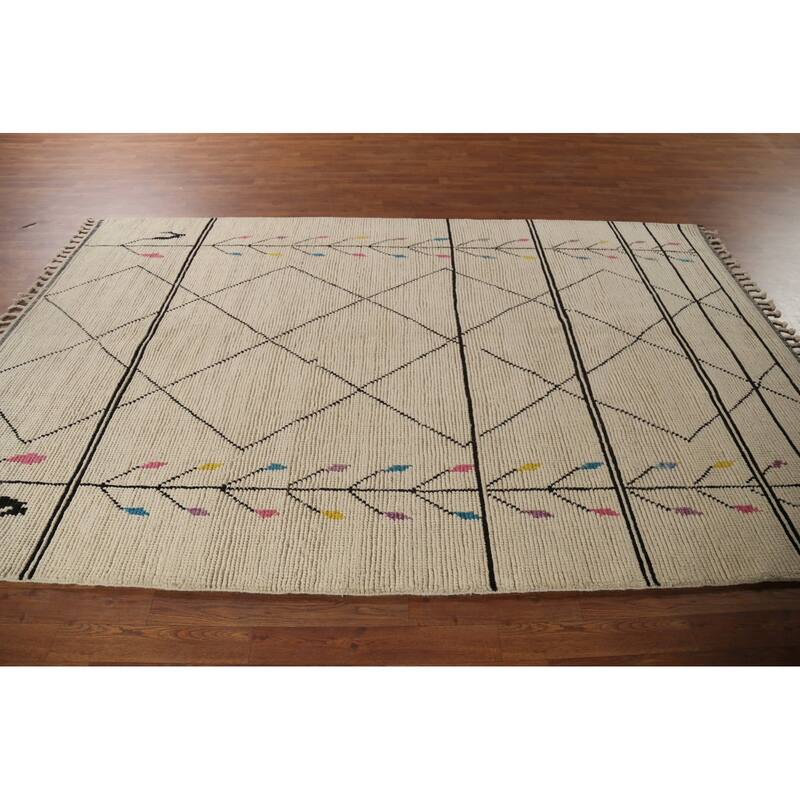 Beige / Ivory Moroccan Area Rug Hand-Knotted Wool Carpet - 6'0"x 9'7"