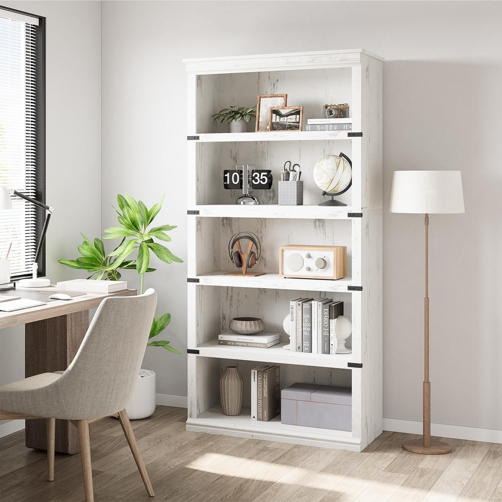 5 Tier Farmhouse Bookcase, 67.4" Tall Book Shelf with Storage, Wooden Bookshelves 5 Shelf