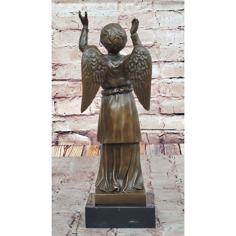 Bronze Child Angel Statue With Upraised Arms – Spiritual Décor On Marble Base