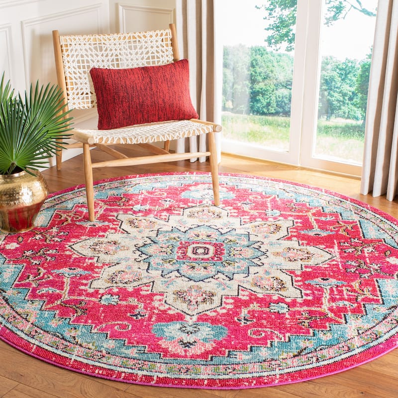 SAFAVIEH Madison Diederike Boho Medallion Distressed Rug - 6'7" Round - Fuchsia/Blue - Round