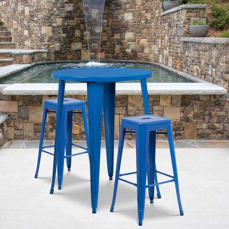 30'' Round Metal Indoor-Outdoor Bar Table Set with 2 Square Seat Backless Stools - 30"W x 30"D x 41"H - 30"W x 30"D x 41"H - Blue