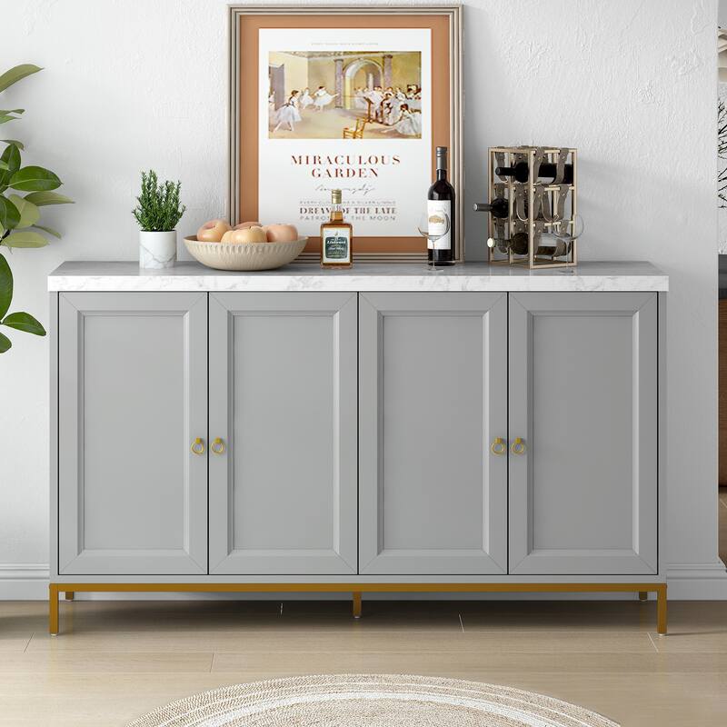 Light Gray Buffet Cabinet Sideboard Faux Marble Table Top Console Table - Light Gray