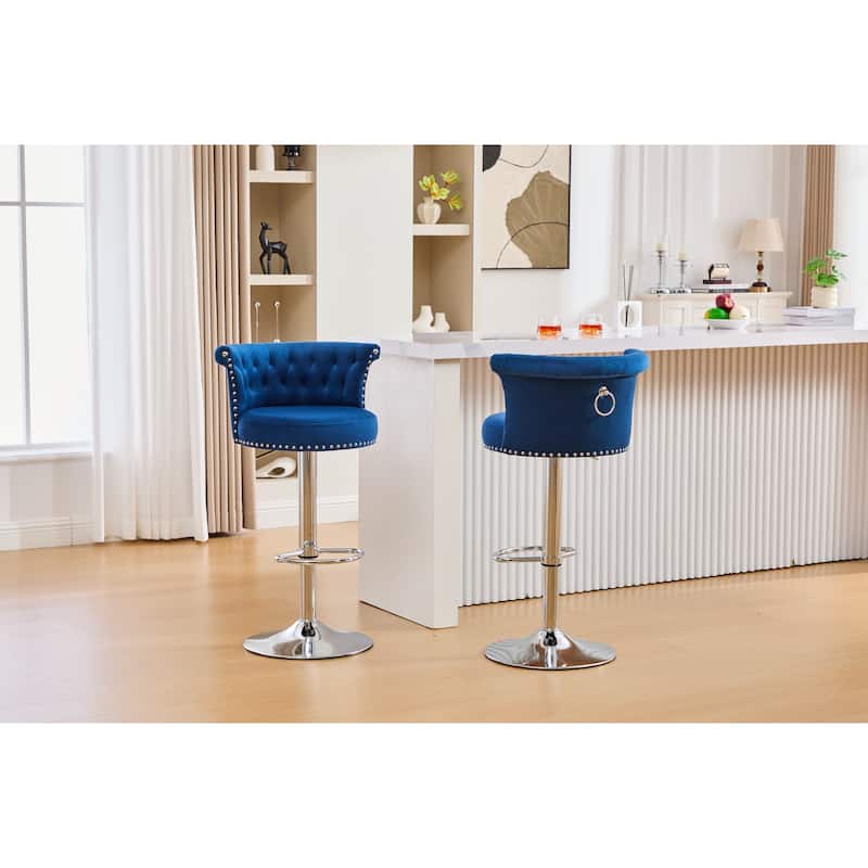 Velvet Bar Stool Set of 2, Adjustable Swivel Bar Stools with Silver Plated Metal Leg, Chrome Nailhead, Counter Height Chair