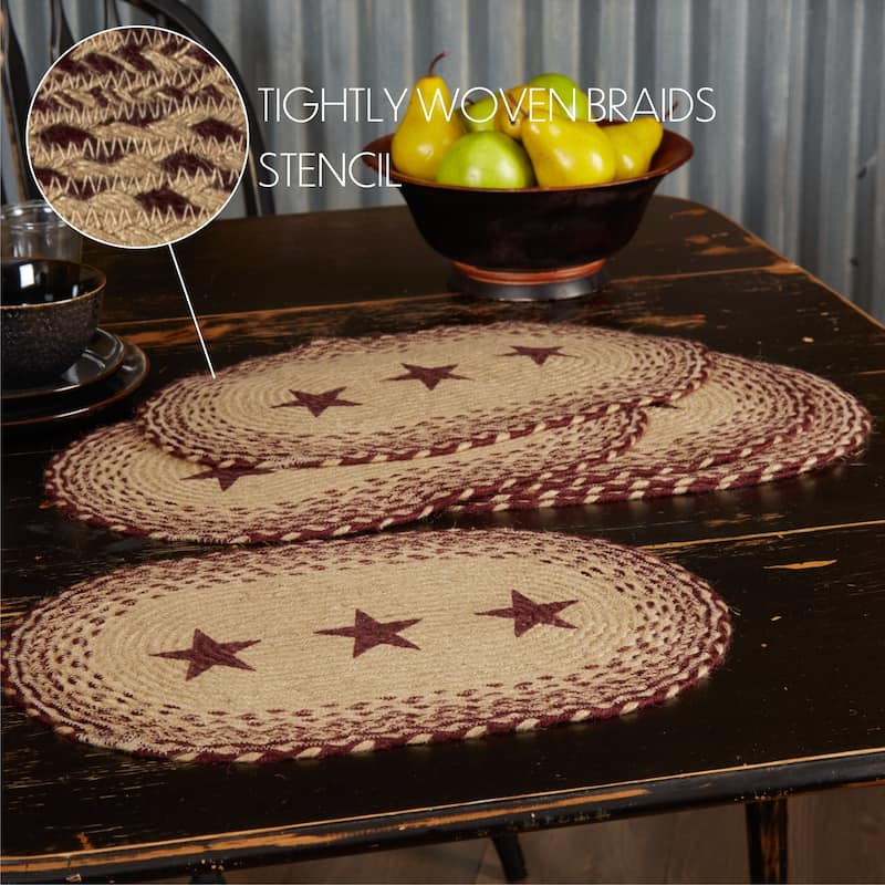 Burgundy Tan Jute Placemat Stencil Stars Set of 6 12x18 - Placemat 12x18