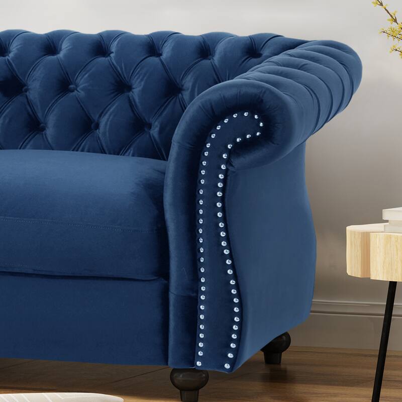 Classic Chesterfield Style Loveseat Sofa with Deep Button Tufting, Nailhead Accents, and Rolled Arms
