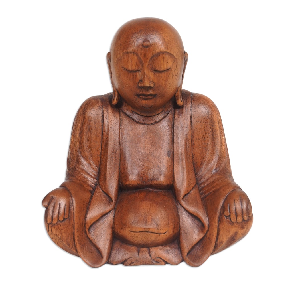Novica Handmade Meditative Bhiksu Wood Sculpture