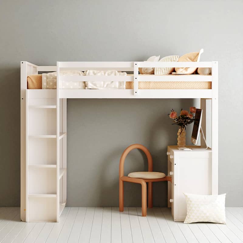 Full/Twin Size Loft Bed with Ladder, Desk, Shelves, and Drawers, Solid Wood Frame for Kids or Teens