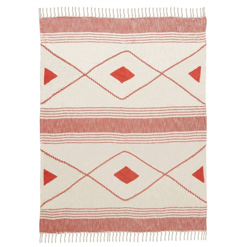60" X 50" Red Woven Cotton Striped Throw Blanket with Fringe