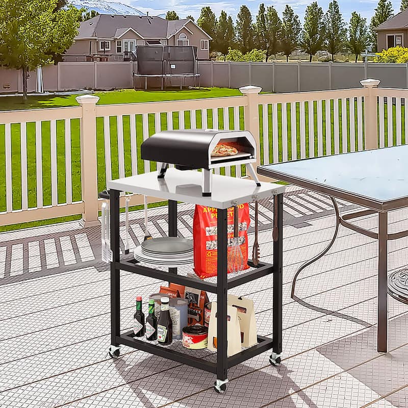 Gymax 3-tier Outdoor Grill Cart on Wheels w/ Stainless Steel Top &