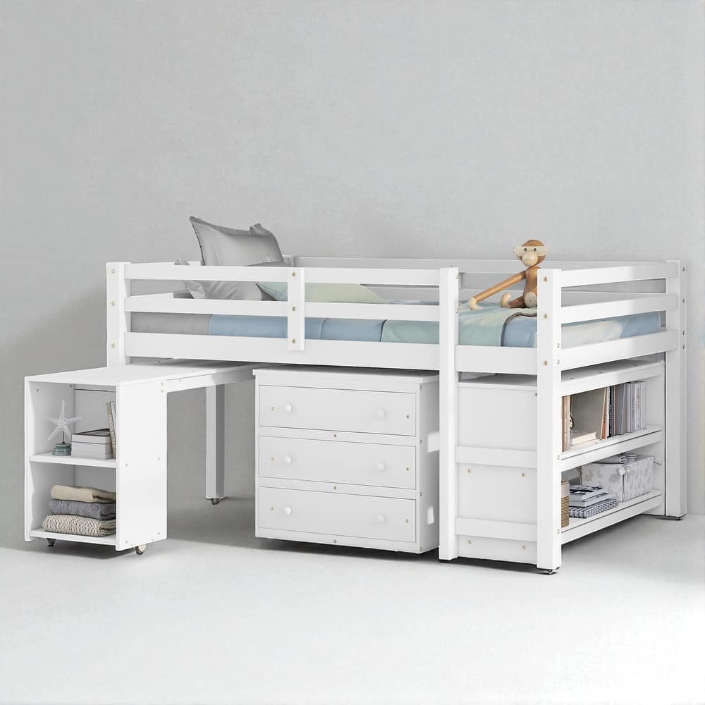Twin/Full Size Low Loft Bed with Cabinet, Rolling Desk and Bookshelf, Solid Wood Frame for Kids