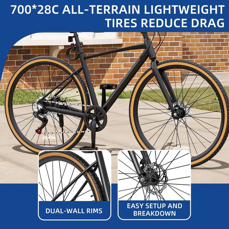 28" Road Bike Black 7 Speed Commuter Bike Lightweight Aluminum Frame Racing Bike with Disc Brake System
