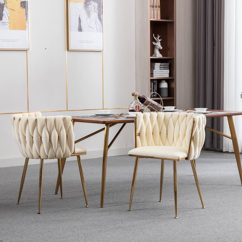 Velvet Fabric Dining Chairs Set of 2, Ergonomic Upholstered Lounge Chair, Accent Chairs with Woven Back & Metal Legs