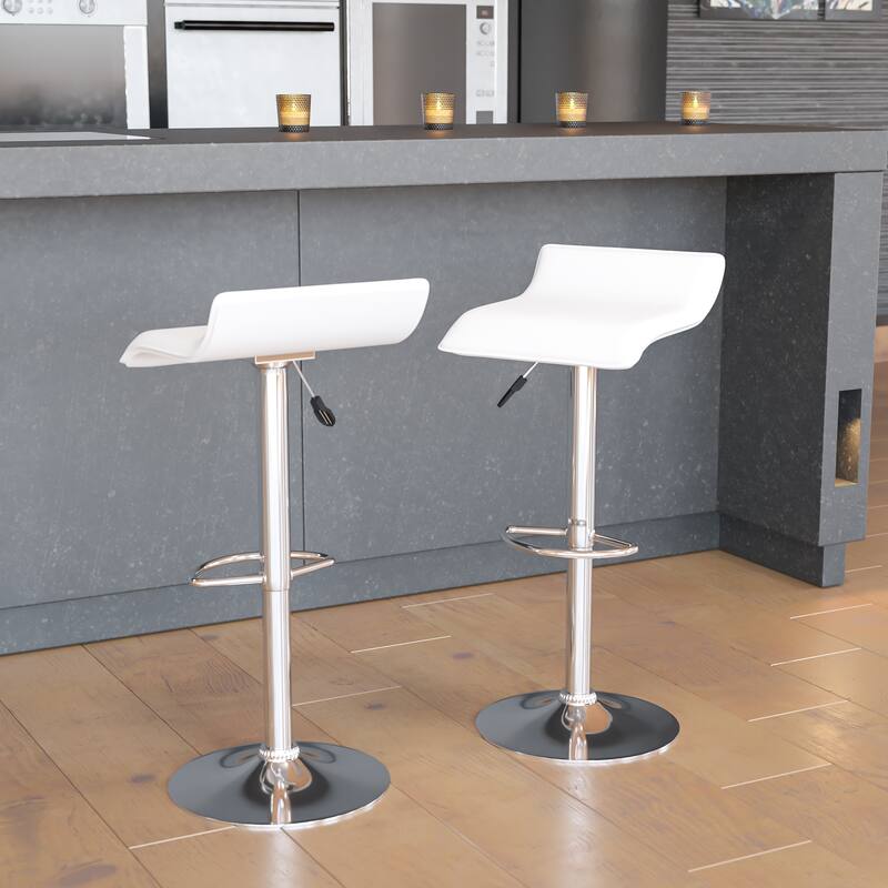 2 Pack Contemporary Vinyl Adjustable Height Barstool with Solid Wave Seat - 15"W x 15"D x 25.5" - 34"H - White